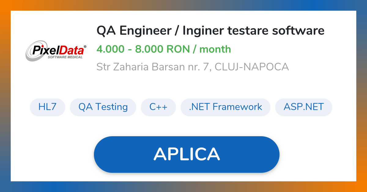 QA Engineer / Inginer testare software Job in CLUJ-NAPOCA | PixelData