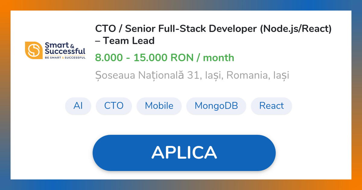 CTO / Senior Full-Stack Developer (Node.js/React) – Team Lead Job in ...